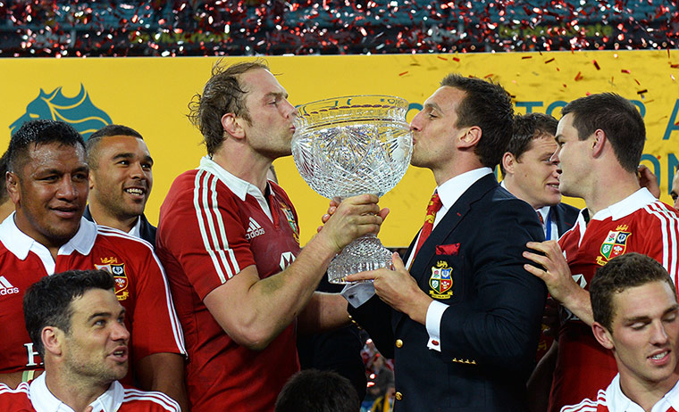 Lions final test: Captains Alun Wyn Jones, centre left, and Sam Warburton kiss the trophy