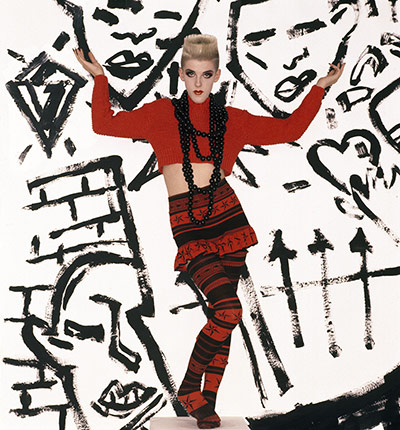 Club to Catwalk: Bodymap, A/W 1984, Cat in the hat takes a rumble with a techno fish. Model: