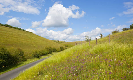 a narrow English country road running through grassy meadows and hills under a blue summer sky