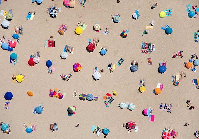 big picture - beach: overhead beach pic with umbrellas