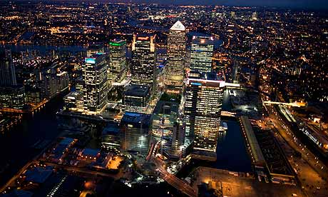 Aerial Views of Canary Wharf at night