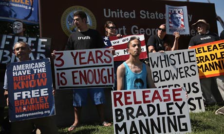 Bradley Manning supporters outside the main gate of Fort Meade, where the soldier was being sentence