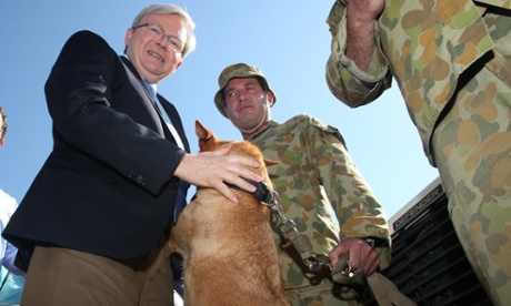 The Prime Minister Kevin Rudd tours Robertson Barracks in Darwin, Explosive Detection Dog Kell greets the PM on Thursday 15th August 2013.