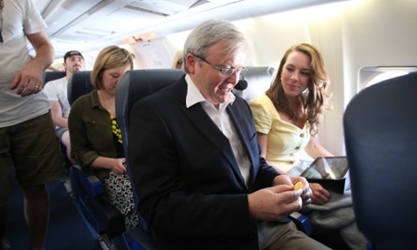 The Prime Minister Kevin Rudd joins the Press plane for the Darwin to Kununurra flight, Thursday 15th August 2013.