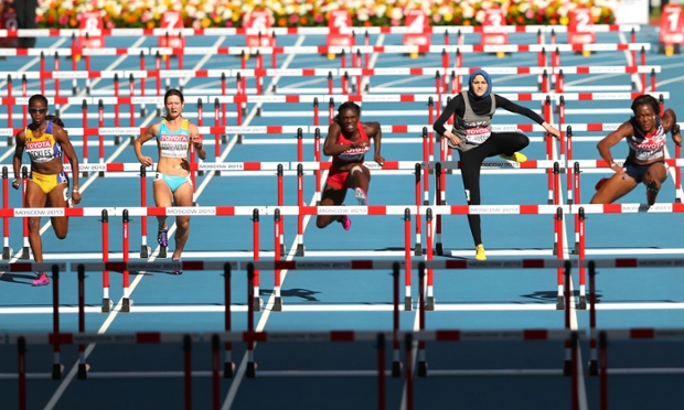 Fast lane: Kierre Beckles of Barbados, Anastasiya Soprunova of Kazakhstan, Dawn Harper of the United States, Salma Emam Abou El-Hassan of Egypt and Tiffany Porter of Great Britain compete in the women's 100 metres hurdles heats during the IAAF world athletics championships in Moscow