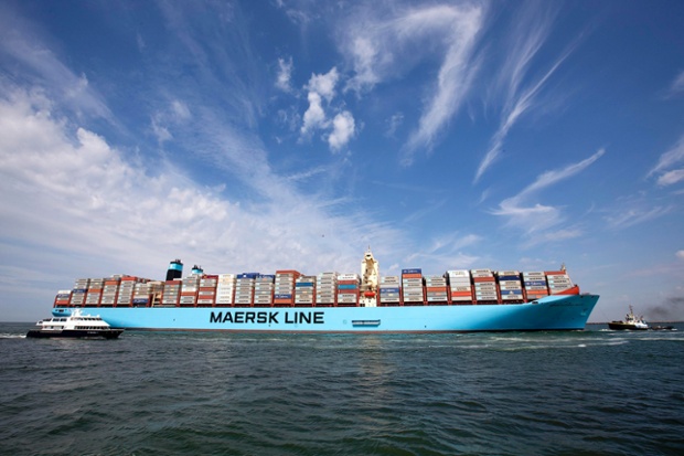 The MV Maersk Mc-Kinney Moller, the world's biggest container ship, arrives at the harbour of Rotterdam The Netherlands. The 55,000 tonne ship, named after the son of the founder of the oil and shipping group A.P. Moller-Maersk, has a length of 400 meters and costs $185 million. Photograph: Michael Kooren/Reuters