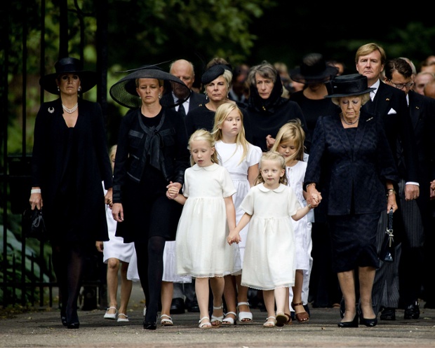 Dutch Princess Mabel Wisse-Smit (2nd L) walks with her daughters Luana and Zaria, Princess Beatrix, the royal family and guests to the Stulp Church in Lage Vuursche in Baarn, The Netherlands where the funeral service of Prince Friso will be held. The prince, who spent the last 18 months in a coma after being caught in an avalanche, died aged 44, royal officials announced 12 August Photograph: Robin Van Lonkhuijsen/AFP/Getty Images