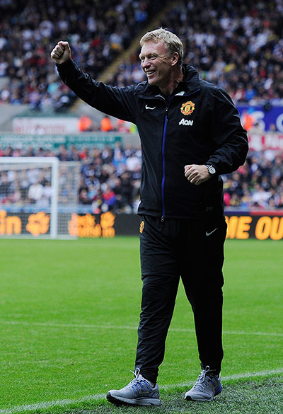 Swansea v United: Moyes celebrates the 3rd United goal 
