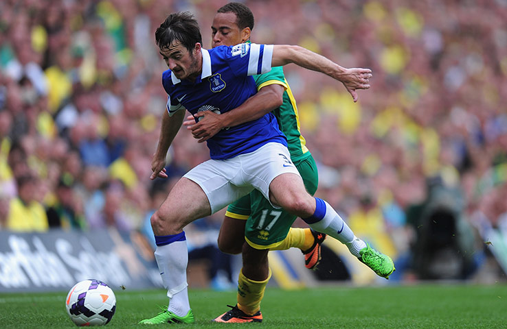 saturday round-up: Leighton Baines of Everton battles with Elliott Bennett of Norwich City