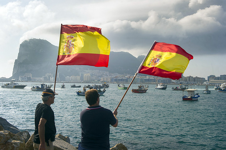 Gibraltar protests: Spanish fishermen wave Spanish flags during a protest in the bay of Algecir