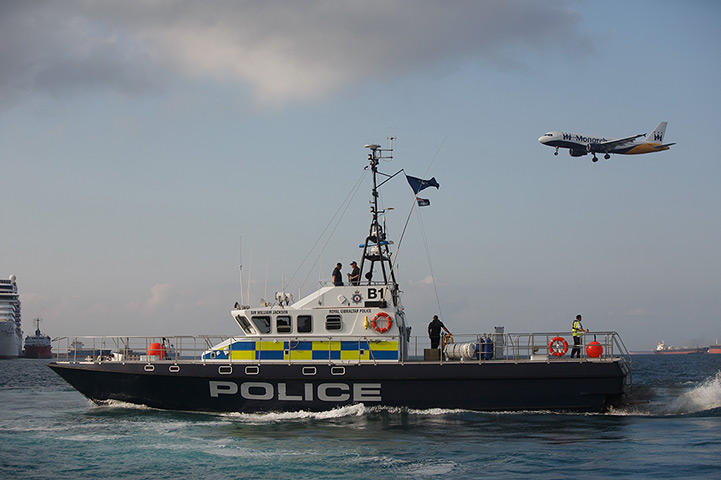 Gibraltar protests: A Gibraltar police boat sails during a protest by Spanish fishermen 