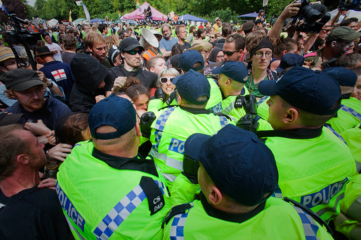 Fracking protests: Anti-fracking protesters scuffle with police outside the exploration site i