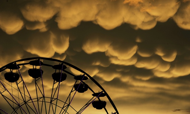 Mammatus clouds move over the Fredericksburg Agricultural Fair after a round of thunderstorms passed through the area, Virginia, US. Mammatus are most often associated with severe thunderstorms.