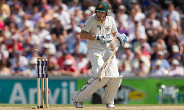 Out at last: Australia captain Michael Clarke is bowled for 187 by England's Stuart Broad on the second day of the third Ashes series cricket match at Old Trafford, Manchester.