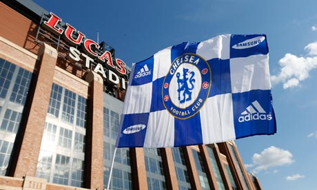 A Chelsea flag flies outside Lucas Oil Stadium in Indianapolis