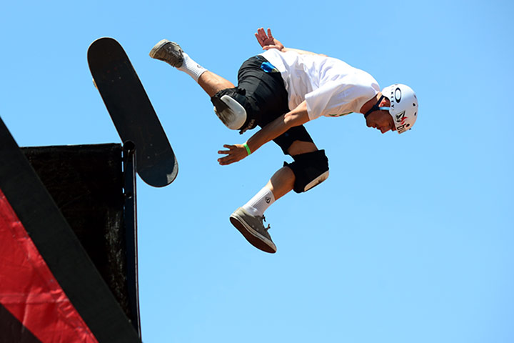 x games: Competitors warm up on the vertical ramp