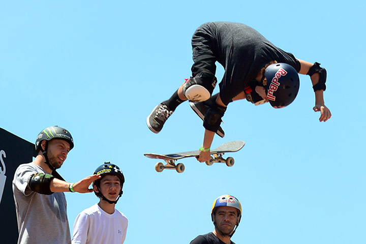 x games: Competitors warm up on the vertical ramp