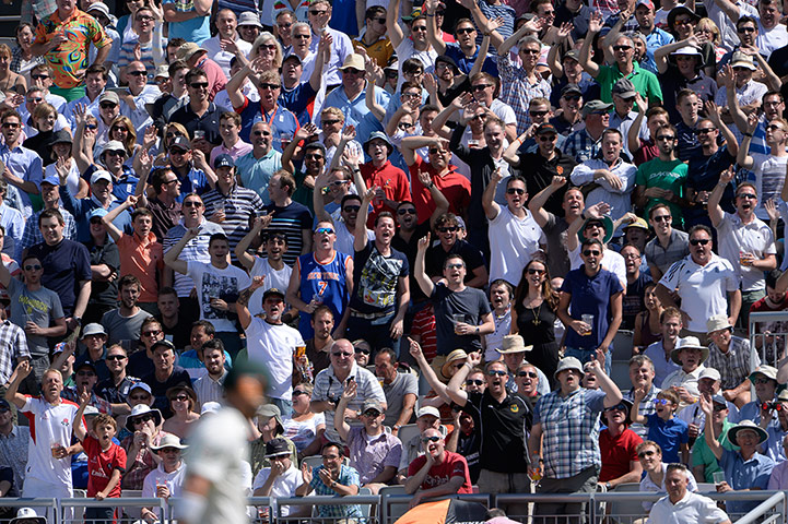 ashes 3rd test day 2: England fans celebrate the dismissal of Australia's David Warner