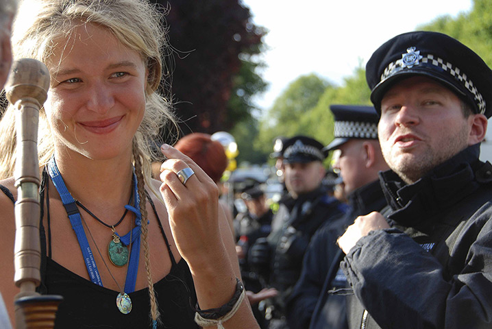 Fracking protest: A protester in front of the police line