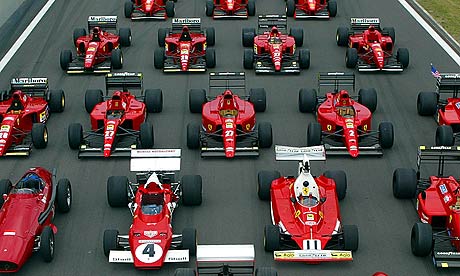 Formula One Ferrari cars, built from 1949 till 2001, of Ferrari at the Nurburgring circuit