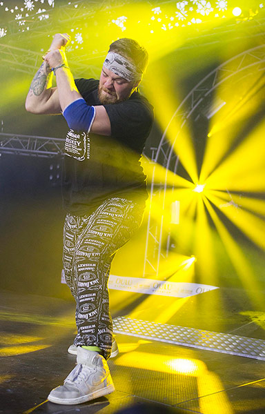 Air Guitar: Kasper 'ThunderFlesh' Toernstroem of Denmark smashes his air guitar to the 