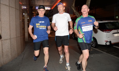 Bill Glasson (left) on a morning run with Tony Abbott and Queensland premier Campbell Newman.