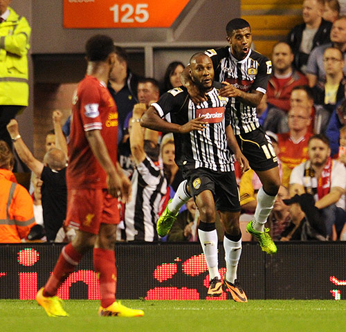 capital one cup: Yoann Arquin of Notts County celebrates scoring their first goal