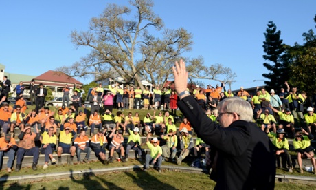 Prime Minister Kevin Rudd addresses construction workers at Musgrave Park in Brisbane, Wednesday, Aug. 28, 2013.