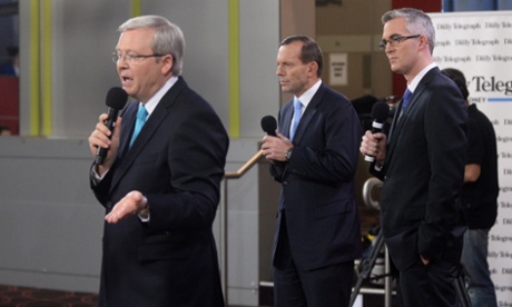 Kevin Rudd and Tony Abbott with moderator David Speers during the third leaders' debate on 28 August 2013.