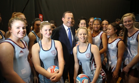 The Leader of the Opposition Tony Abbott talks to girls from the Netball program from The Hills Sports High School in Seven Hills, Sydney at Sports Centre at Homebush Thursday 29th August 2013