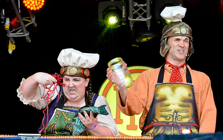 Artists from the Horrible Histories TV series perform on the Castle stage at Camp Bestival on Saturday.
