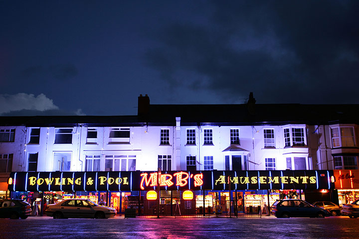 UK Seaside Towns: Mr B's amusement arcade in Rhyl at night