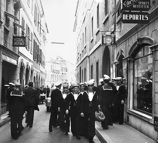 Gibraltar history: British sailors on shore-leave in a Gibraltar street, 8 May 1944