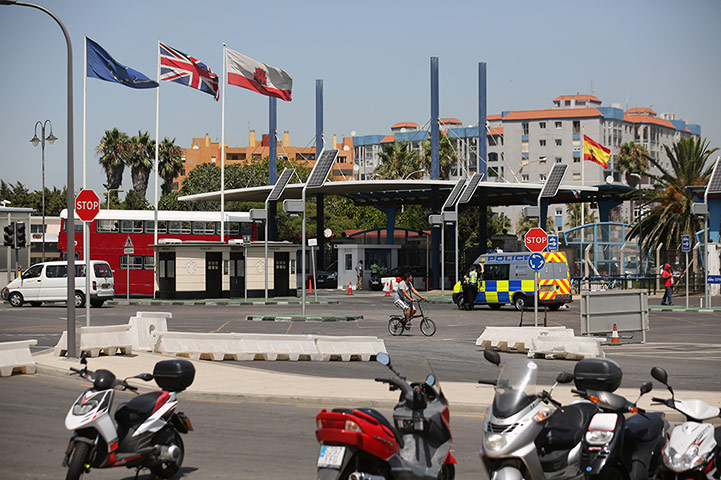 Gibraltar history: A police vehicle is parked adjacent to the British-Spanish border