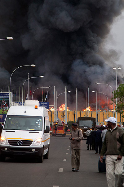 Nairobi airport fire: A policeman stands guard