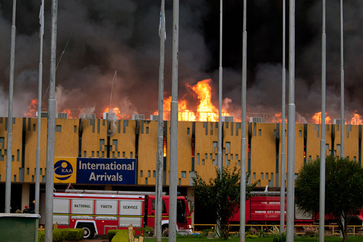 Nairobi airport fire: Fire engines outside the arrivals hall