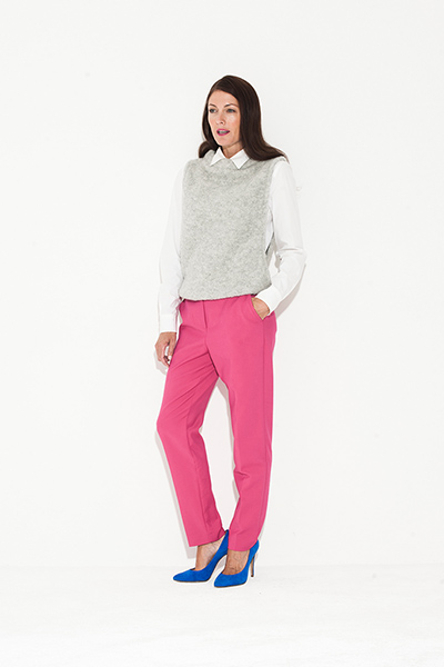 All Ages: white tailored shirt grey tank top pink trousers blue suede high heel shoes