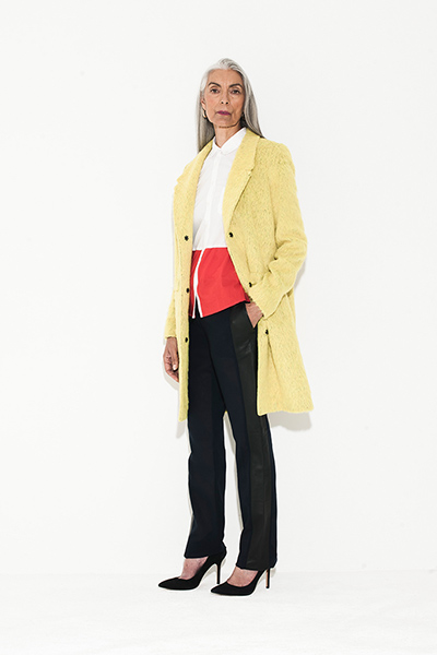All Ages: yellow coat white shirt with red panel leather panel trousers