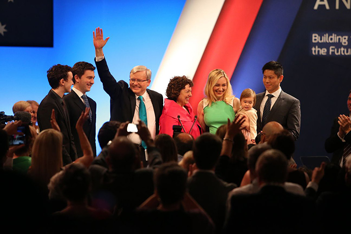 Labor Launch: Rudd on stage with family 