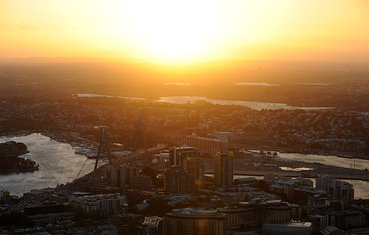 West Sydney bushfires: Sunset view from the Skywalk at the Sydney Tower Eye