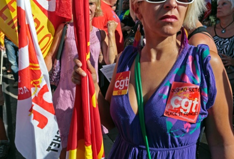 A woman member of the French CGT labour union takes part in a nationwide demonstration against the pension reform in Nice September 10, 2013.