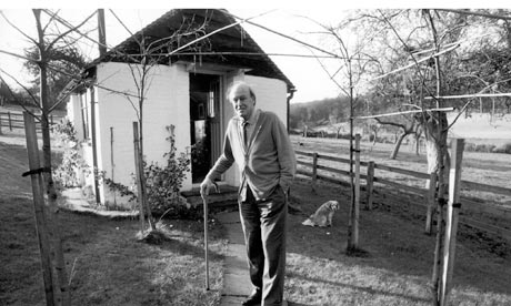 Roald Dahl outside his shed