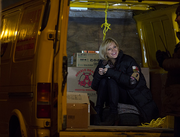 The Wrong Mans: Emilia Fox keeps warm between takes on a night shoot 