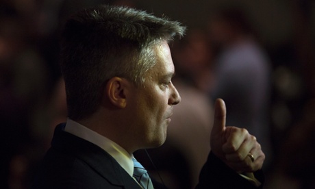 Mathias Cormann does a live TV cross at Tony Abbott's election party at the Four Seasons Hotel ballroom in Sydney.  7 September 2013, Photo by Penny Bradfield/Guardian Australia