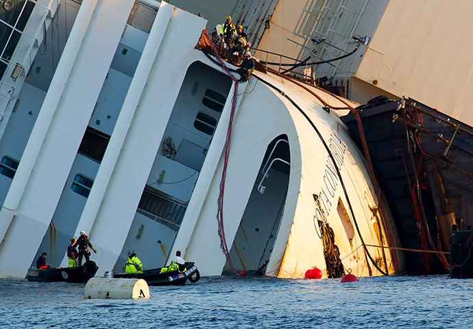 Concordia salvage: Engineers work on the bow of the Costa Concordia before the start of the sa