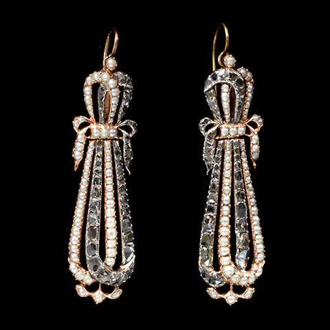 Pearls: Earrings, gold with natural seed pearls and diamonds