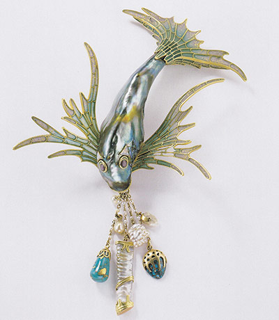 Pearls: Bodice ornament, gold, enamel, turquoise, abalone pearl, mother-of-pearl