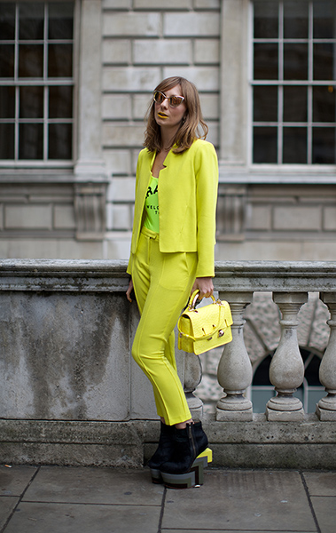 LFW street fashion: A fashion follower at Somerset House for London fashion week