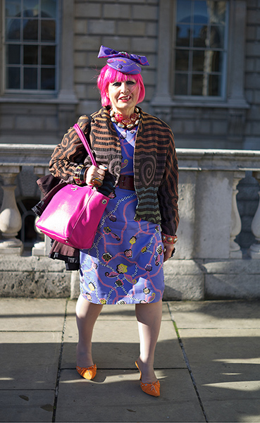 LFW street fashion: Zandra Rhodes at Somerset House for London fashion week