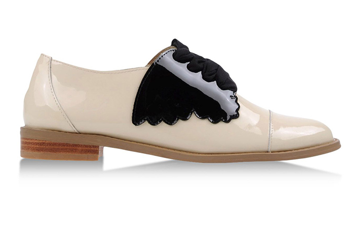 Fancy flats: Fancy flats - Patent cream brogues with black butterfly detail by F-Troupe